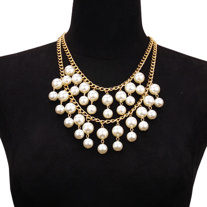 Layer Large Imitation Pearl Tassel Short Necklaces