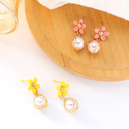 Pearl Small Flower Ear Pink Yellow Rings