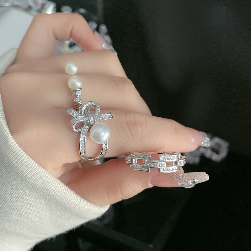 Women's High-grade Bow Open-end Pearl Cold Style Rings