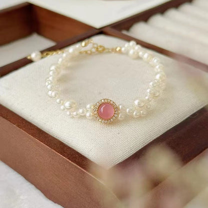 Women's Small Sweet Potato Rose Chalcedony Pearl Bracelets