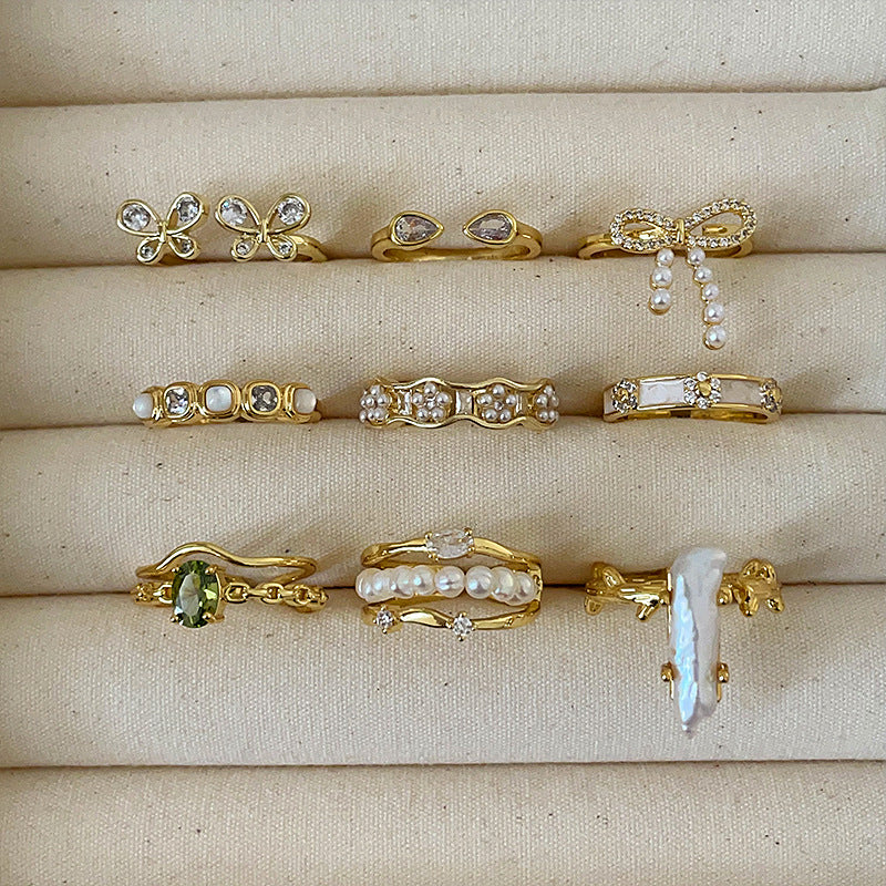 Luxury Pearl Zircon Golden Open-end Collection Female Rings