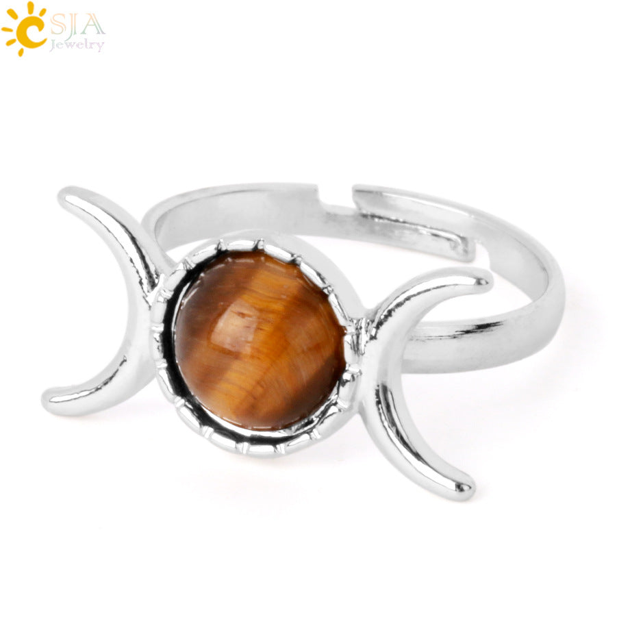 Women's Vintage Crescent Moon Sun Adjustable Sier Natural Stone Rings