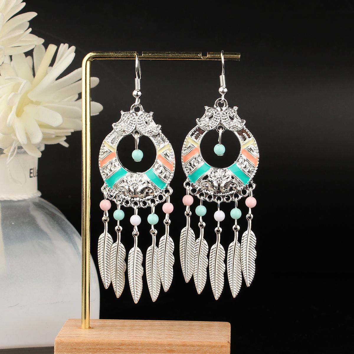 Tassel Turquoise Retro Imitation Miao Sier Minority National Style Earrings