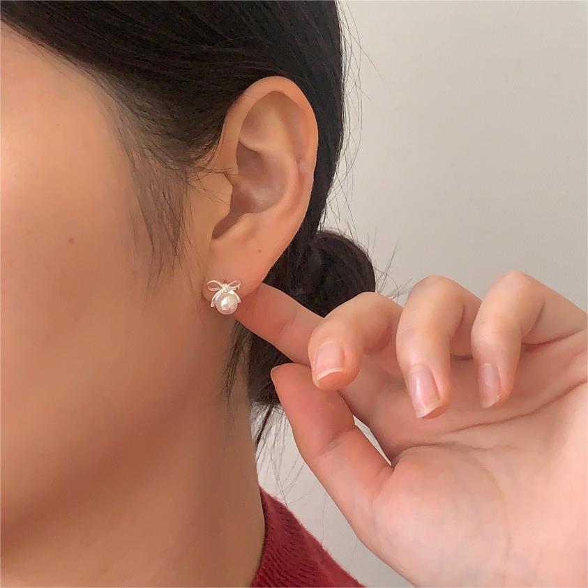 Korean Style Sterling Sier Bow Pearl Earrings