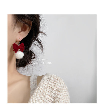 Fur Ball Female Wine-red Plush Sweet Earrings