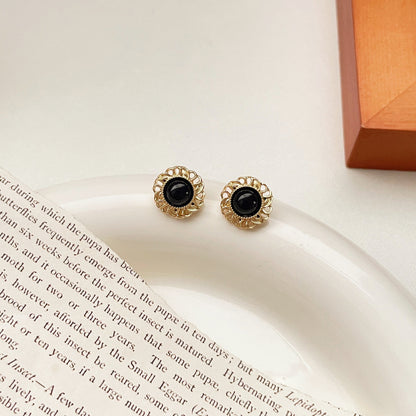 Petite Lace Edge Black Tigereye Classic Style Earrings