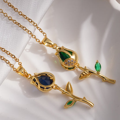 Steel Female Gold Opal Tulip Design Necklaces