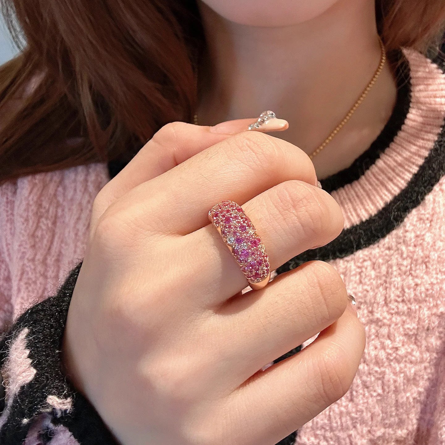 Full Diamond Dense Inlaid Pink Corundum Rings