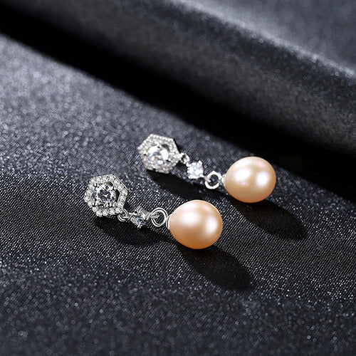 Sier Female Freshwater Pearl Inlaid Zircon Earrings