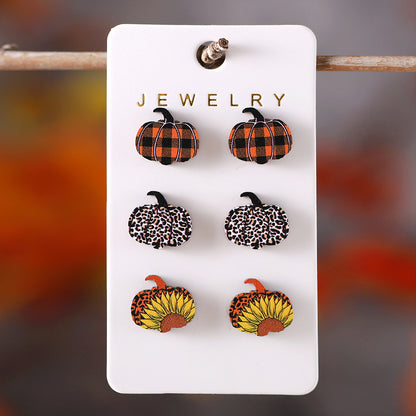 Autumn Thanksgiving Leopard Plaid Pumpkin Earings Earrings