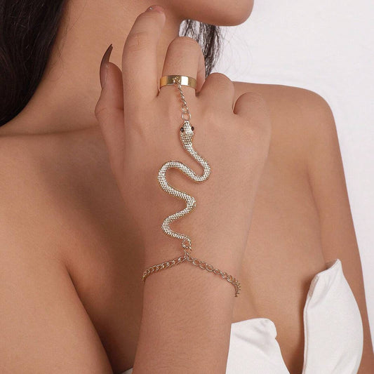 Women's Punk Snake-shaped Armband Finger Chain Integrated Rings