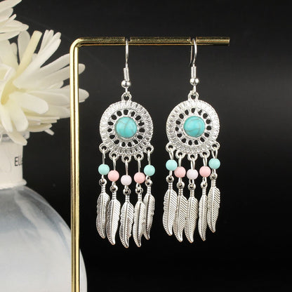 Tassel Turquoise Retro Imitation Miao Sier Minority National Style Earrings