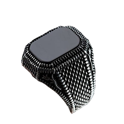 Men's Vintage Natural Black Square Agate Texture Rings