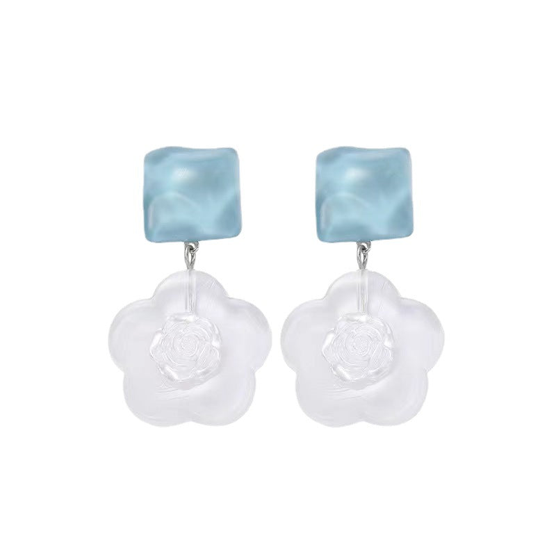 Sier Needle Simple Graceful Transparent Flower Earrings