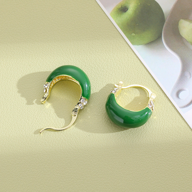 Women's Fashionable Elegant Green Dripping Oil Ear Clip Earrings