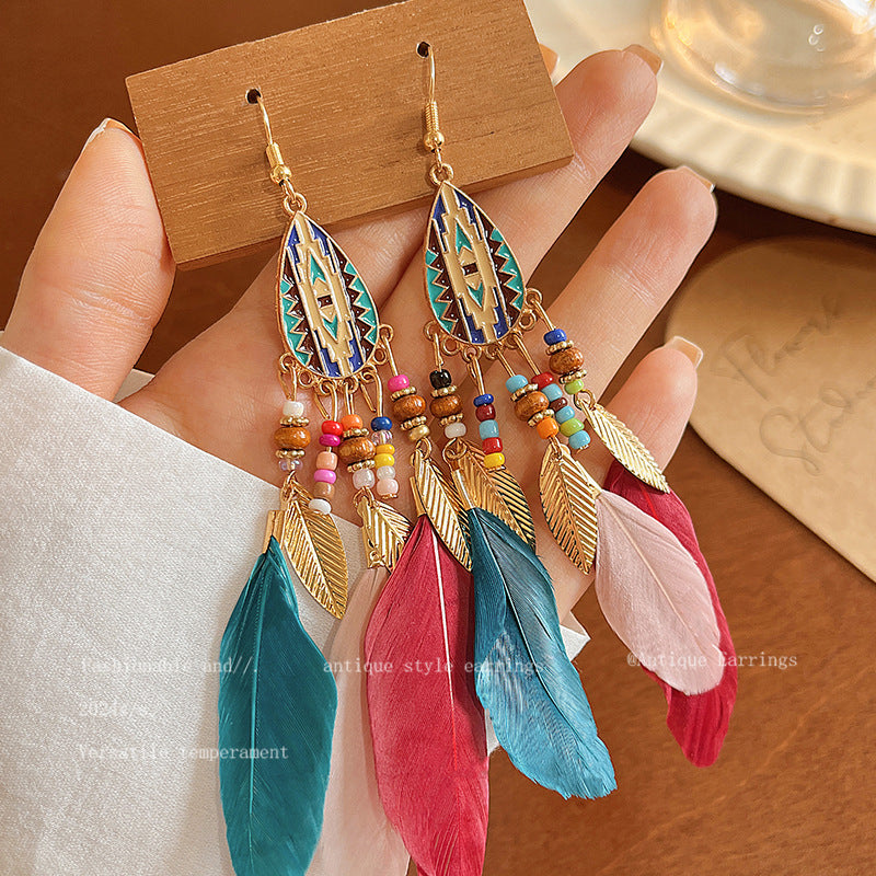 Women's Bohemian Style Long Feather Tassel Ethnic Earrings