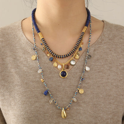 Women's Natural Lapis Lazuli Sweater Chain Freshwater Pearl Necklaces