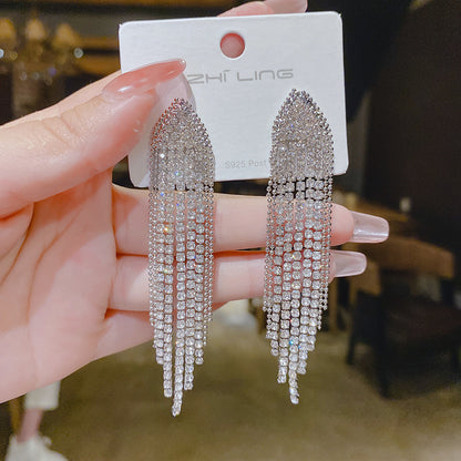 Temperament Sier Series Long Fringe Fashionable Classy Ear Earrings