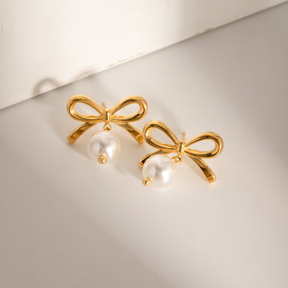 Unique Gold-plated Stainless Steel Bow Pearl Earrings