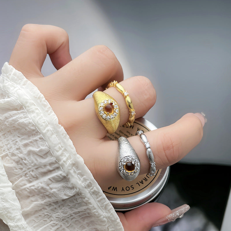 Women's Brushed Tigereye Micro Setting Court Style Geometric Design Refined Rings