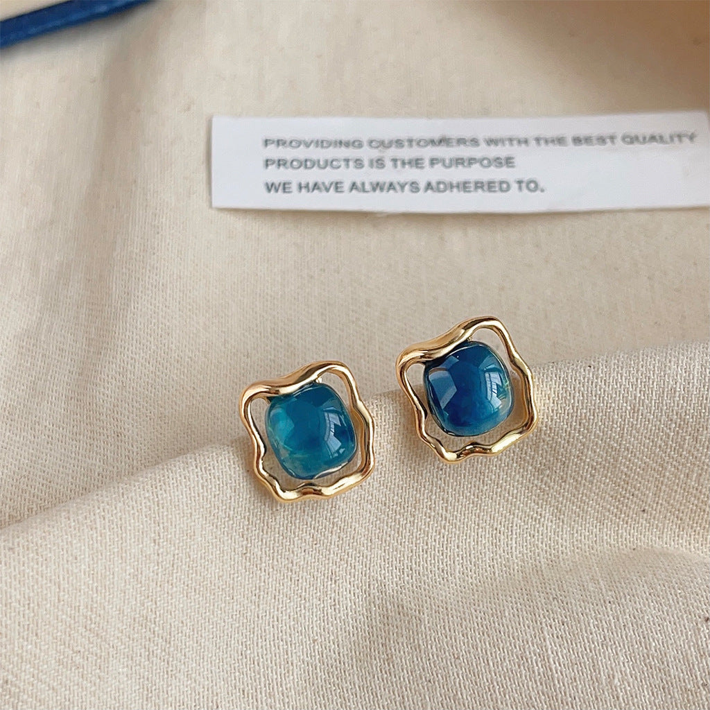 High-grade Sense Blue Color Enamel Design Blooming Earrings