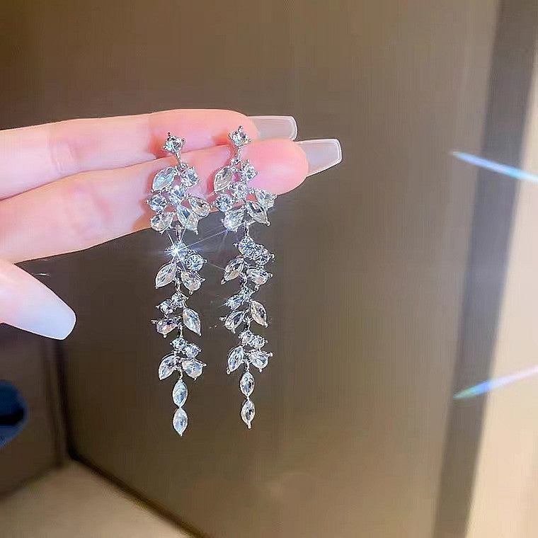 Zircon Tassel Leaves Stylish Water Drop Earrings