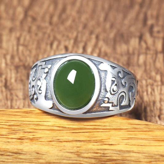 Men's Imitation Jade Green Sier-plated Vintage Emerald Rings