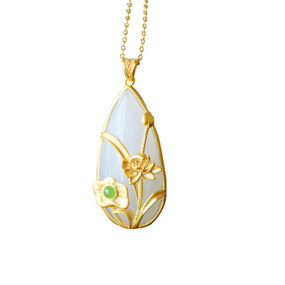 Inlaid White Jade Fashion Retro Gilding Lotus Necklaces