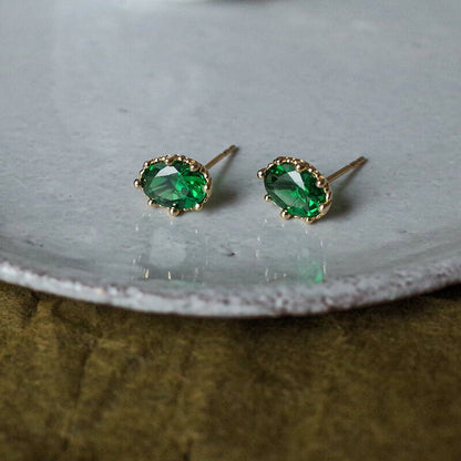 Women's Sier Gold-plated Emerald Stone Inlaid Ear Oval Earrings