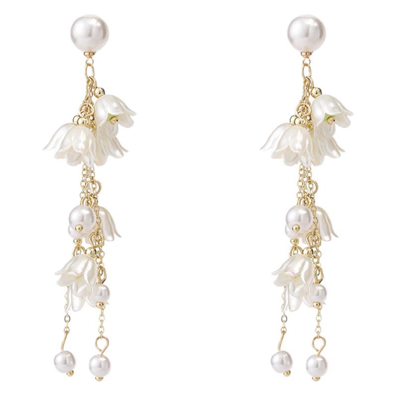 Style Imitation Pearl Lily Long Fringe Gentle Earrings