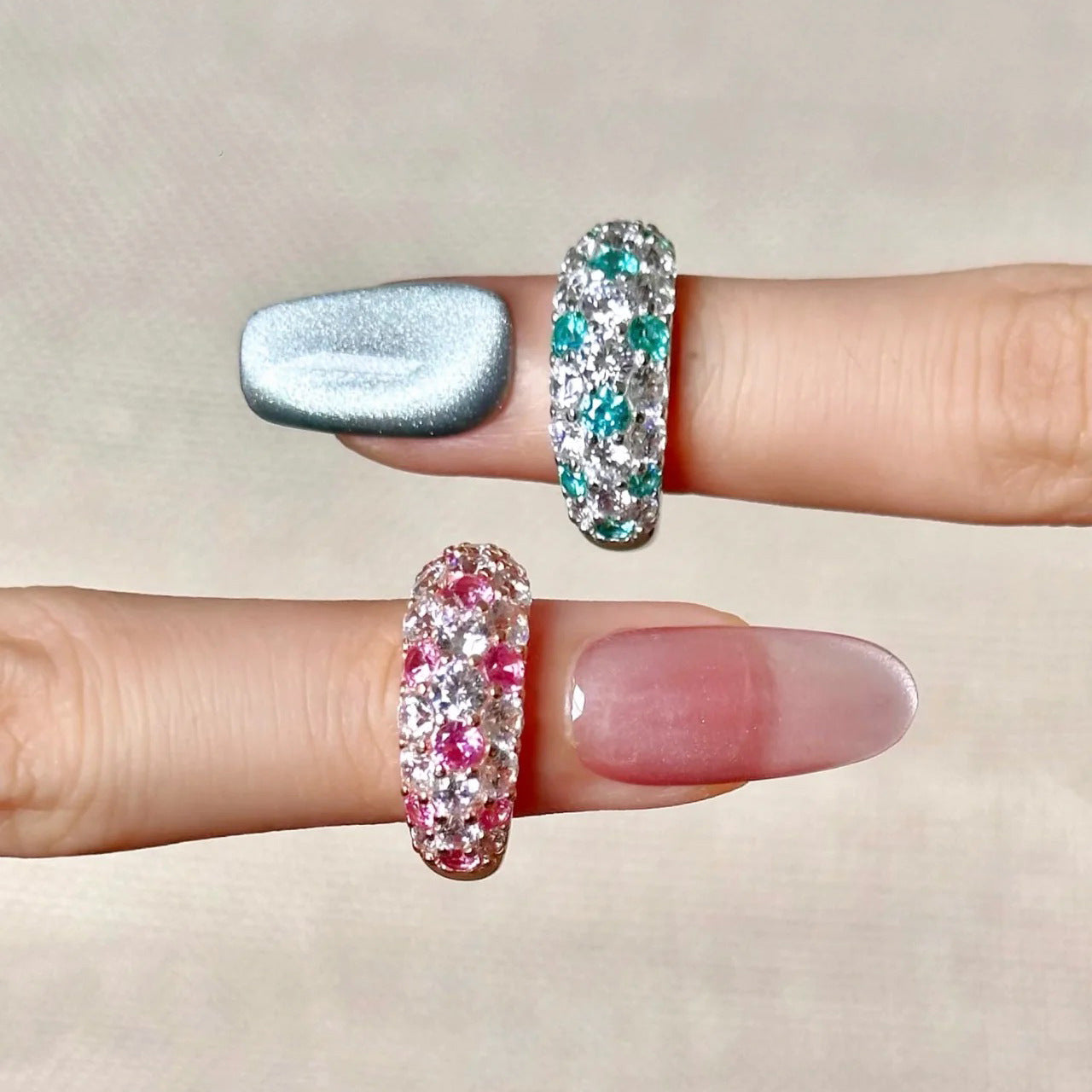 Full Diamond Dense Inlaid Pink Corundum Rings