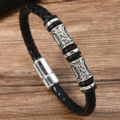 Men's Dumbbell Black Leather Woven Football Personalized Bracelets