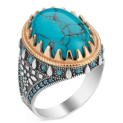 Men's Retro Electroplated Two-color Inlaid Imitation Turquoise Rings