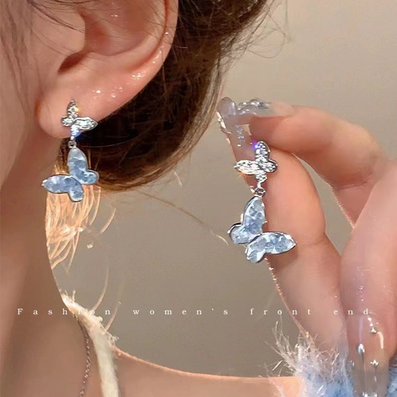 Fairy Blue Tassel Butterfly High Sense Earrings