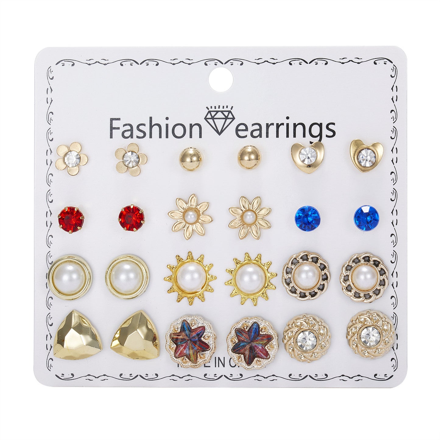 Month Earings Set Rhinestone Geometric Pearl Earrings