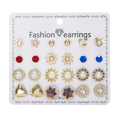 Month Earings Set Rhinestone Geometric Pearl Earrings