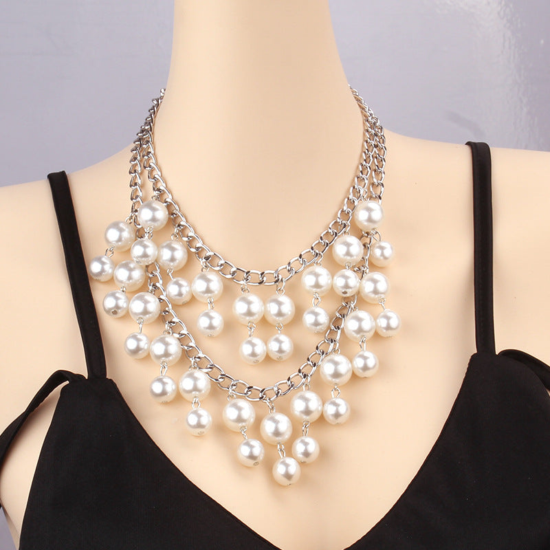 Layer Large Imitation Pearl Tassel Short Necklaces