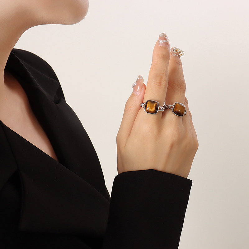 Tigereye Inlaid Geometric Open High Quality Rings