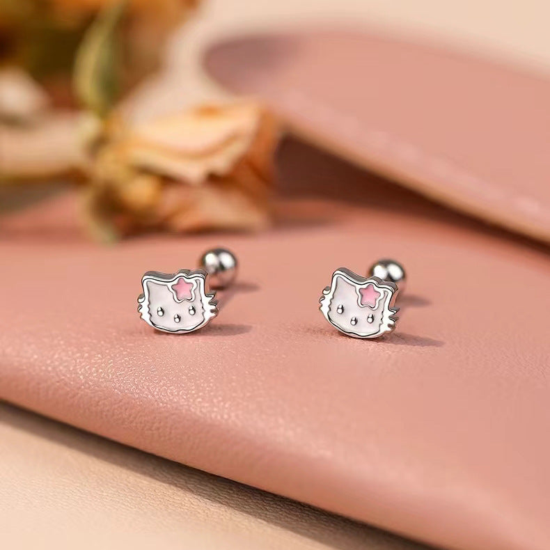 Pure Sier Cat Screw Cute Sweet Earrings