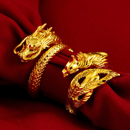 Placer Gold Dragon Phoenix Couple Open Adjustable Rings