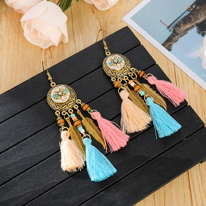 Ethnic Style Long Feather Temperamental Tassels Personality Earrings