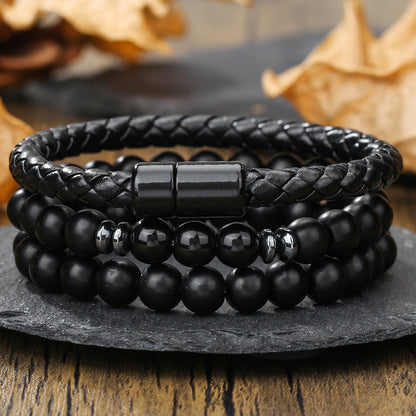 Men's Hip Hop Punk Beaded Suit Twin Black Bracelets