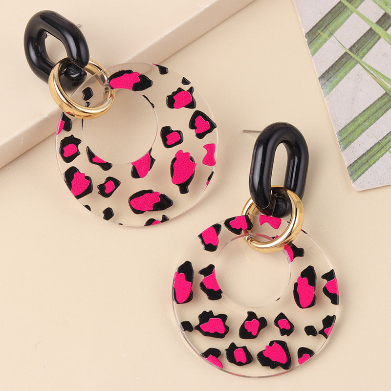 Women's Hollow Color Round Acrylic Personality Leopard Earrings