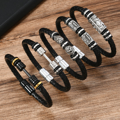 Men's Dumbbell Black Leather Woven Football Personalized Bracelets