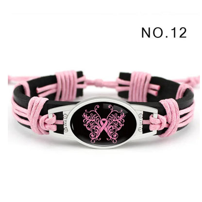 Pink Ribbon Handmade Braided Leather Wax Bracelets