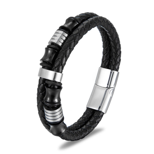 Men's Leather Black Stainless Steel Simple Bracelets