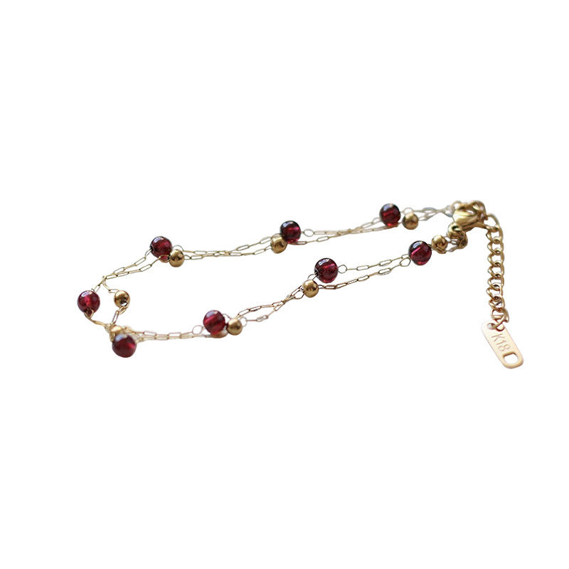 Women's French Style Temperament Golden Balls Chain Artificial Garnet Bracelets