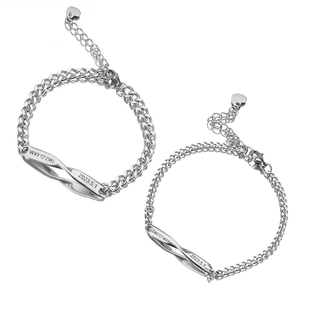 Women's & Men's Simple Stainless Steel Mobius Couple Inscribed Infinite Symbol Bracelets