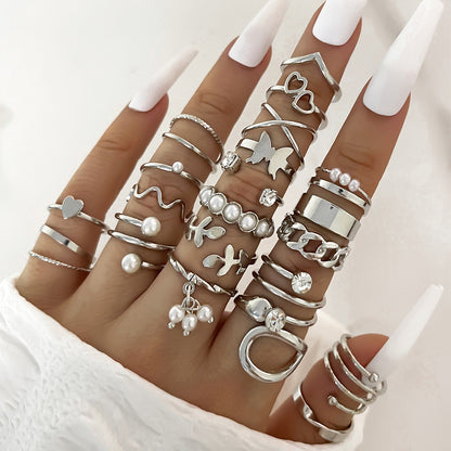 Dripping Diamond Eye Cross Leaf Set Pearl Rings