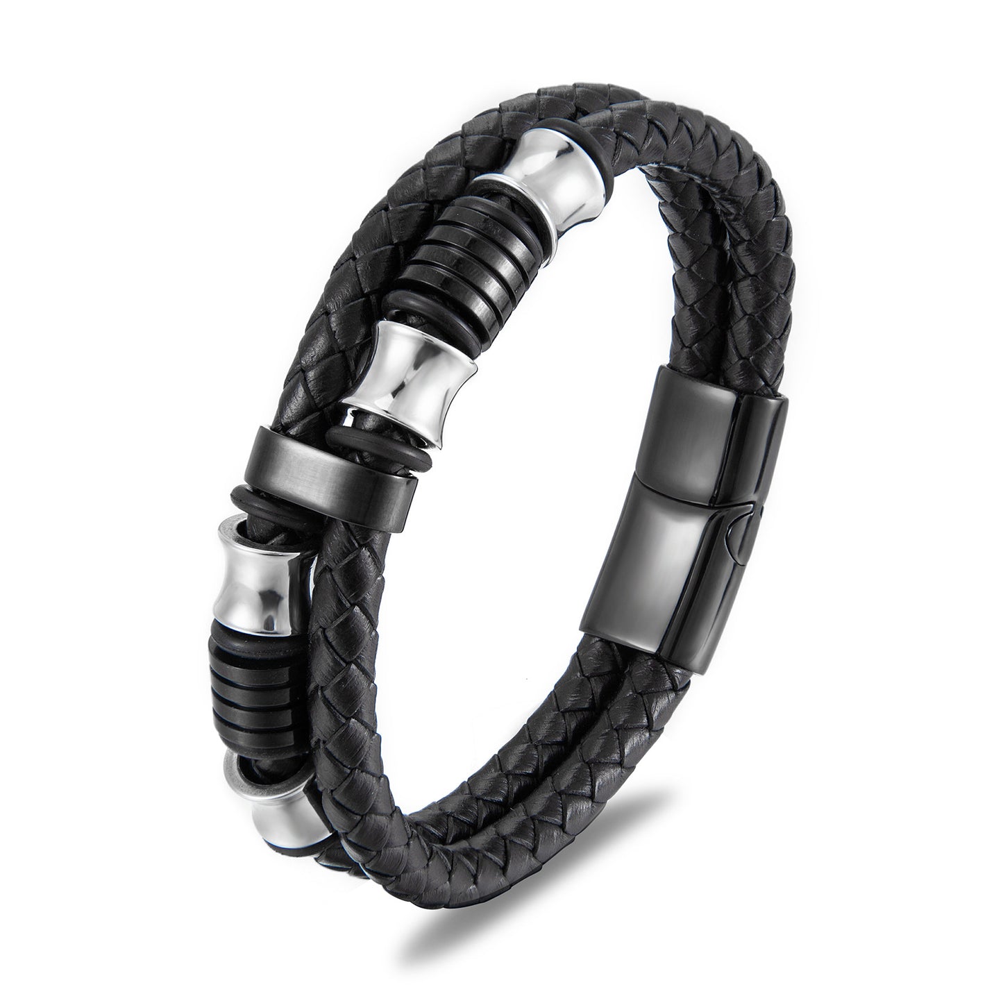 Men's Leather Black Stainless Steel Simple Bracelets